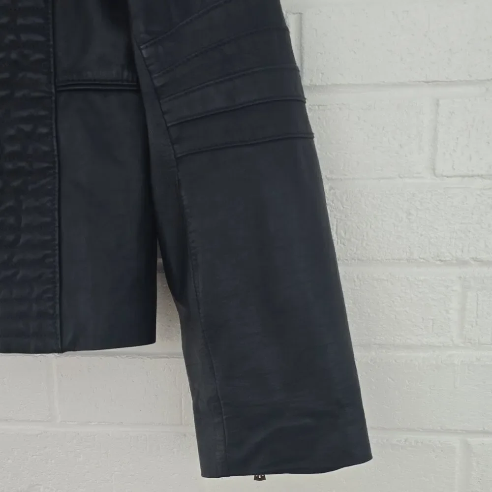 Tory Burch Leather Biker Jacket Cropped Navy Size 14